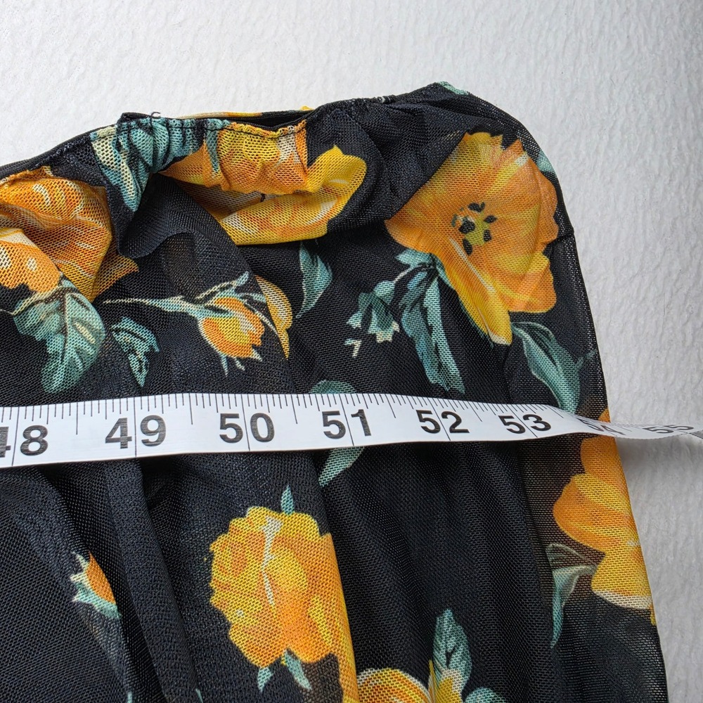 Venus NWOT Black Orange Floral Ruched Mesh Maxi Dress Side Slit Size XS - Picture 9 of 9